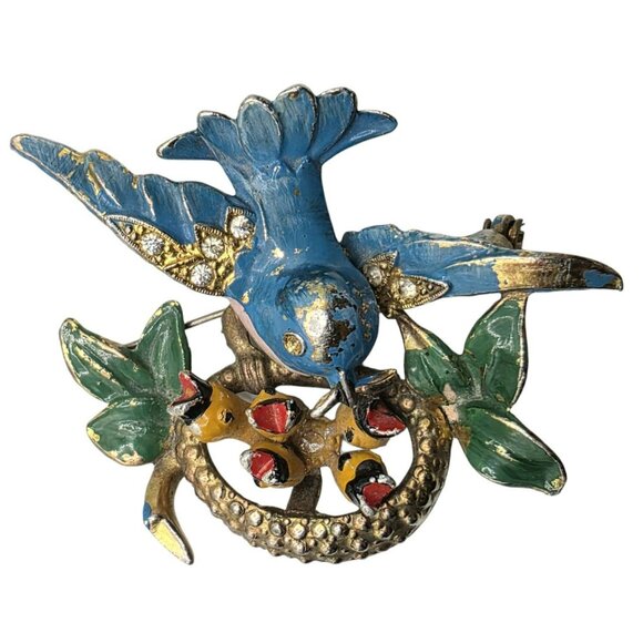 Vintage Fred Gray Blue Bird Brooch Nest Baby Birds Rhinestone Gold-Tone Pin USA - Picture 9 of 14